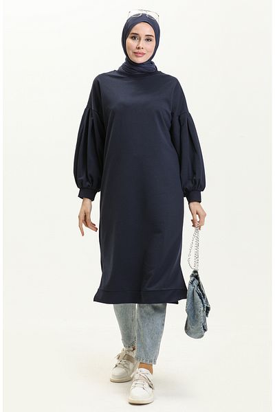 sefamerve Μακρύ χιτώνα Navy Blue Balloon Sleeve - 3031-02