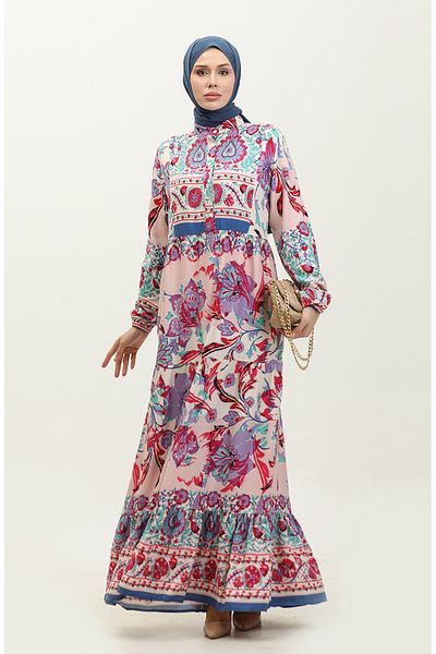 sefamerve Viscose Patterned Beige-Purple Alaçatı Dress - 0334-03