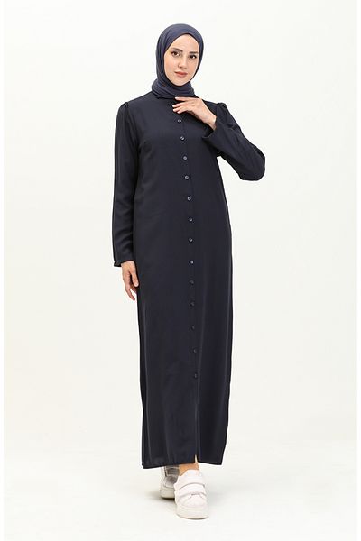 sefamerve Φόρεμα Navy Blue Viscose - Μανίκι με κορδόνι και κουμπιά 5109-03