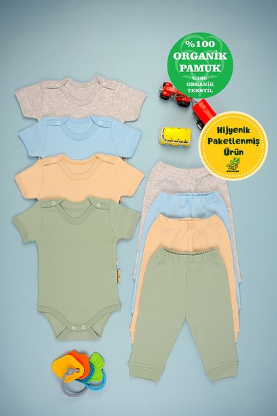 bebetospik 4-Piece Cotton Soft Suit for Baby Boy - Short Sleeve Shoulder Snap