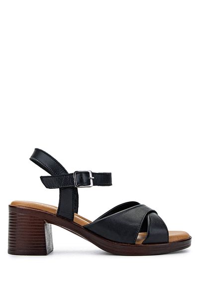 Tamer Tanca Women's Genuine Leather Black Leather Heeled Sandals