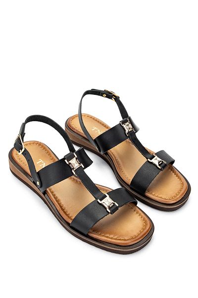 Tamer Tanca Women's Genuine Leather Black Leather Flat Sandals