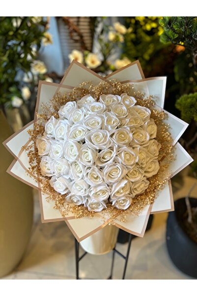 Pika Beyaz Kadife Gül İsteme Çiçeği - İsteme Buketi - Yapay İsteme Çiçeği- Yapay gül - 41'li gül