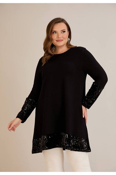 Serra Women's Large Size Sleeve and Single Sequin Detailed Relaxed Cut Tunic