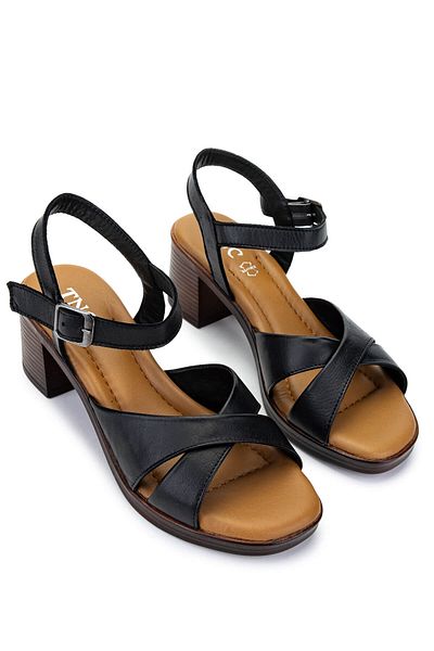 Tamer Tanca Women's Genuine Leather Black Leather Heeled Sandals