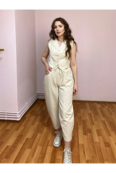 Butik Keten Dokulu Krem Yelekli Pantolon Takım