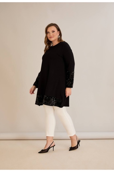 Serra Women's Large Size Sleeve and Single Sequin Detailed Relaxed Cut Tunic