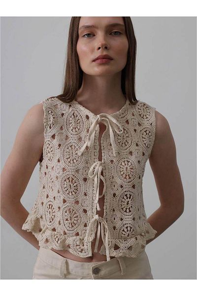 Coral Natural Lace-Up Lace Vest
