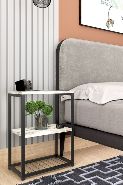 interGO Metal Ayaklı ve Ahşap Raflı Dekoratif Komodin