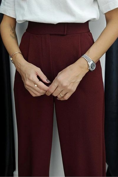 Bestenur Velcro Palazzo Trousers 1353 - Claret Red