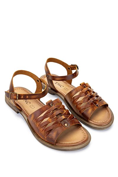 Tamer Tanca Women's Genuine Leather Brown Flat Sandals