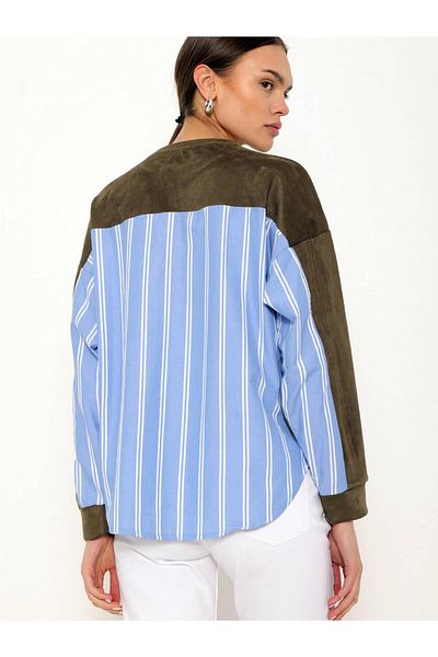 Coral Striped Shirt Garnished Pearled Sweatshirt Khaki