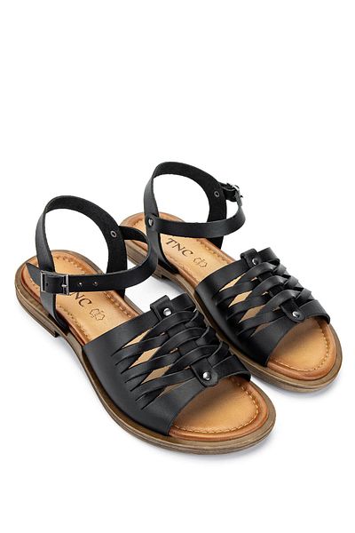 Tamer Tanca Women's Genuine Leather Black Leather Flat Sandals