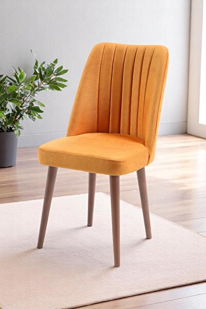 MYMASSA Polo Sandalye - Jerika Sarı Kumaş - Ahşap Ceviz Ayak - Mutfak Sandaly...