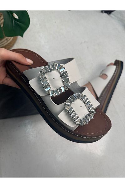 İmerShoes Papuci de damă cu bandă dublă, cu cataramă dublă, cu talpă din plută - 123
