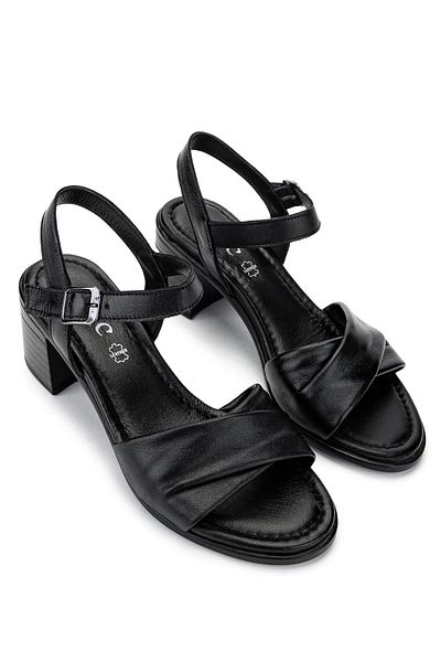 Tamer Tanca Women's Genuine Leather Black Leather Heeled Sandals