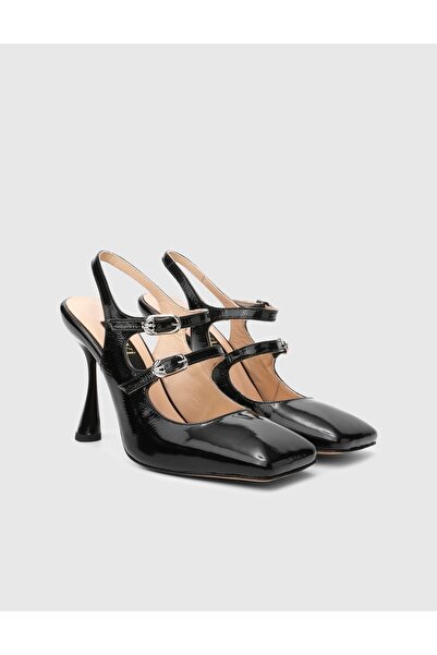 İLVİ Bajuzs Rugan Deri Kadın Siyah Topuklu Sandalet