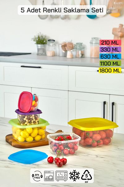 HOMENIVA 5 Size Square Storage Container Set - Storage Container Suitable for Microwave and Deep Freezer