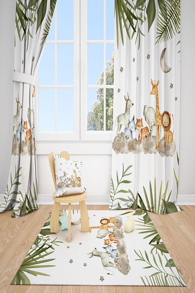 dekomingo Tropical Animals on Cloud Children's Room 2 Wings Background Curtain