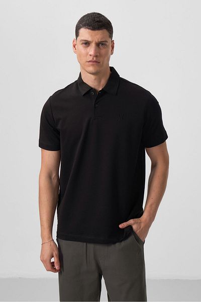 TOMMY LIFE Černé pánské tričko Standard Fit Basic Polo Neck - 87768