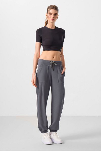 TOMMY LIFE Dark Gray Soft Textured Women's Comfortable Form Trousers with Pocket Detail - 94672
