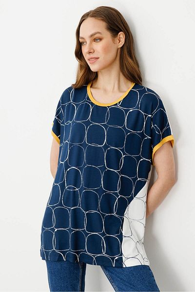 Desen Triko Women's Yellow Banded Combed Cotton T-Shirt with Collar and Sleeves Ecru/Laci