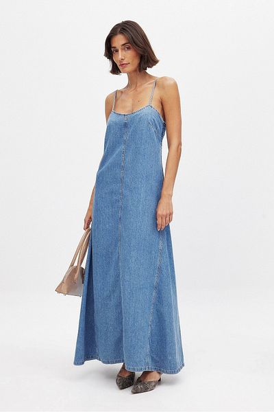 Ecenin Favorileri Rochie lungă și confortabilă din denim pentru femei cu bretele
