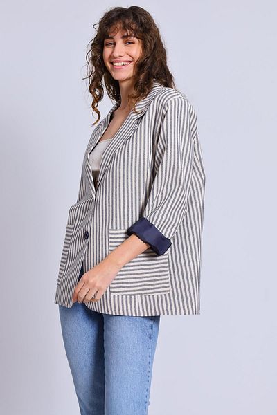 TENA Γυναικείο λινό μπουφάν Stone-Navy Blue ριγέ