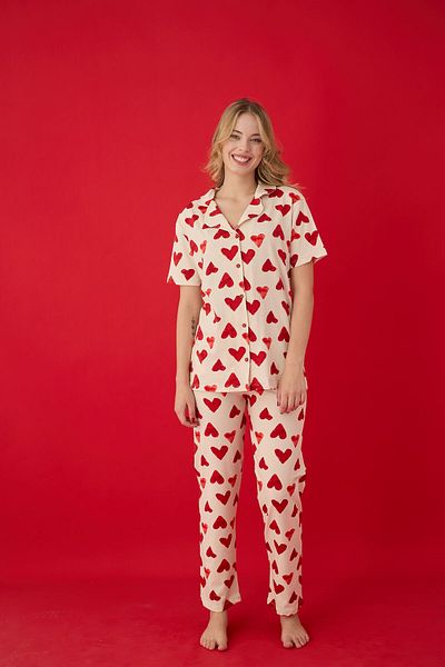 Lavint Homewear Heart Patterned Buttoned Cotton Lycra Pajama Set