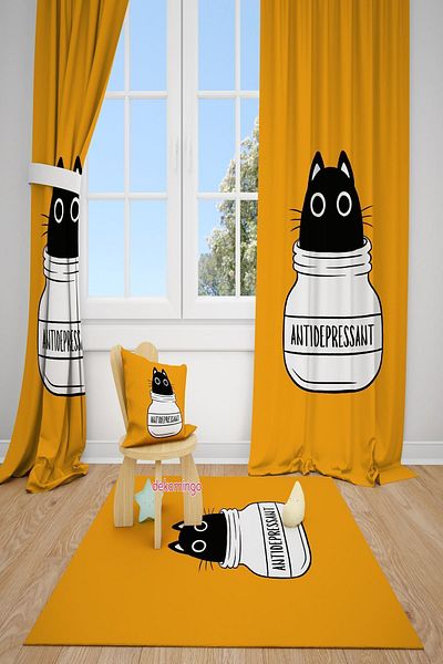 dekomingo 2 Wings Anti Depressant Black Cat Baby and Children's Room Background Curtain