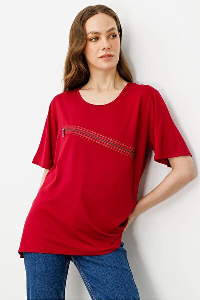 Desen Triko Women's Stone Printed Zipper Accessory Combed Cotton T-Shirt Red