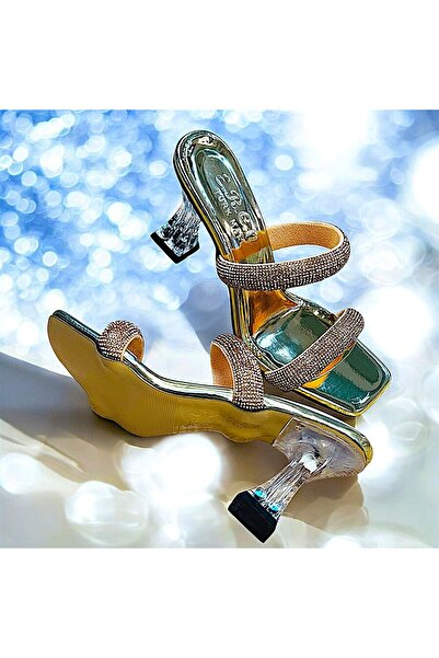 KAFKASLAR AYAKKABI Transparent 8 cm Heel Stone Evening Dress Home Dowery Slippers