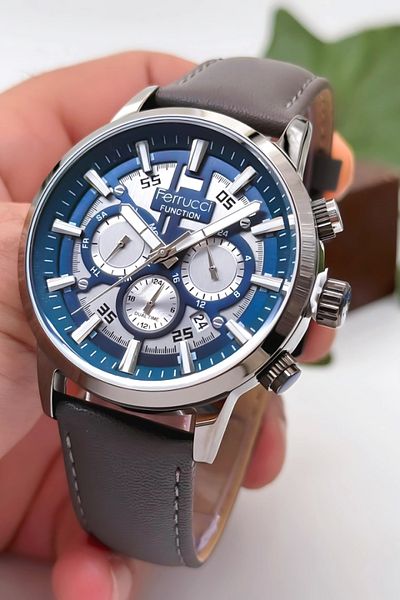 Ferrucci Men's Wristwatch Smoked Leather Cord Functions Active Smoked Steel Case