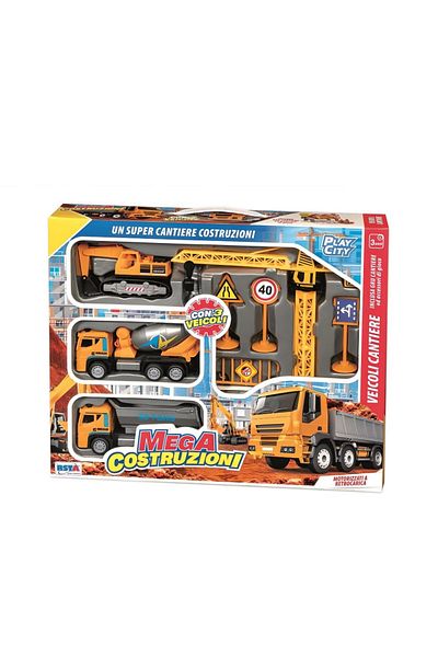 RS Toys Set tematic de joaca cu 3 vehicule cu frictiune santier si macara, si accesorii, +3 ani