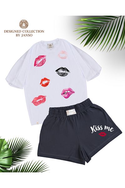 JANSO GROUP - Women's Kiss Printed Short Sleeve Tshirt-Shorts Set 2 Pieces Large Size Oversize