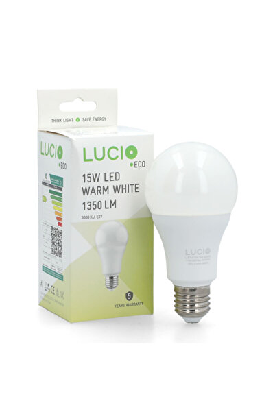 LUCİO مصباح LED موفر للطاقة E27، 15 واط، 3000 كلفن، 1350 لومن، خالٍ من الوميض
