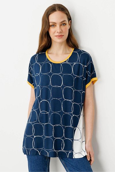 Desen Triko Women's Yellow Banded Combed Cotton T-Shirt with Collar and Sleeves Ecru/Laci