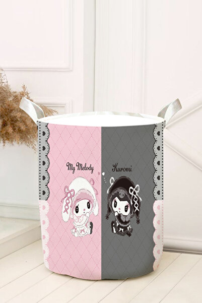 dekomingo PEMBE GRİ ŞERİTLİ KUROMİ VE MELODY BEBEK VE ÇOCUK ODASI OYUNCAK SEPETİ