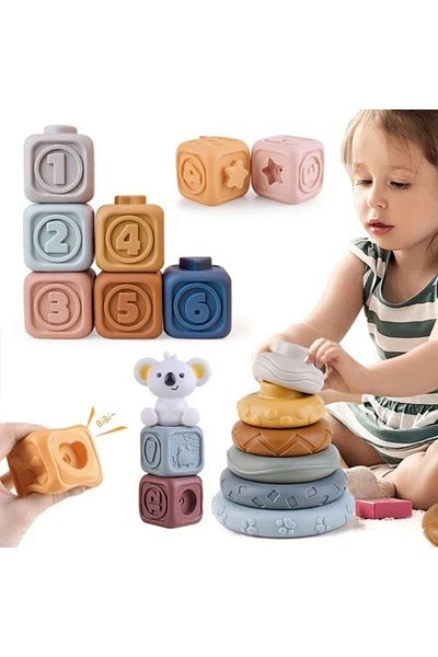 Empria 3d Silicone Building Block Toys For Babies, 13 Connectable Cubes And Discs,