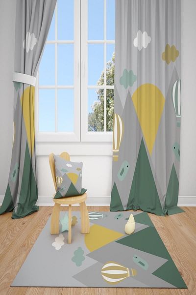 dekomingo GREEN GRAY MOUNTAINS BALLOON BABY AND KIDS ROOM PHONE CURTAIN 2 WINGS