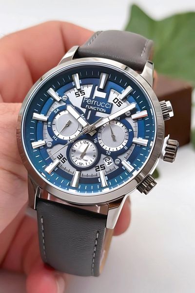 Ferrucci Men's Wristwatch Smoked Leather Cord Functions Active Smoked Steel Case