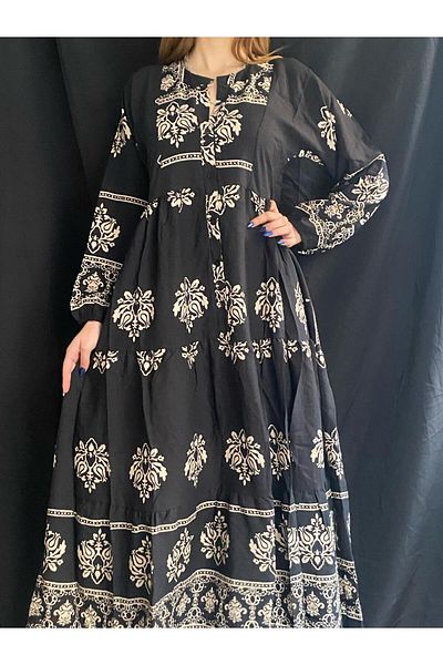 OlaLady Women's Viscose Fabric Long Sleeve Patterned Loose Dress