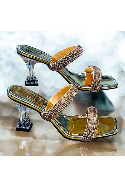 KAFKASLAR AYAKKABI Transparent 8 cm Heel Stone Evening Dress Home Dowery Slippers