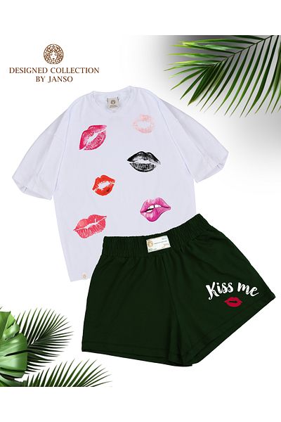 JANSO GROUP - Women's Kiss Printed Short Sleeve Tshirt-Shorts Set 2 Pieces Large Size Oversize