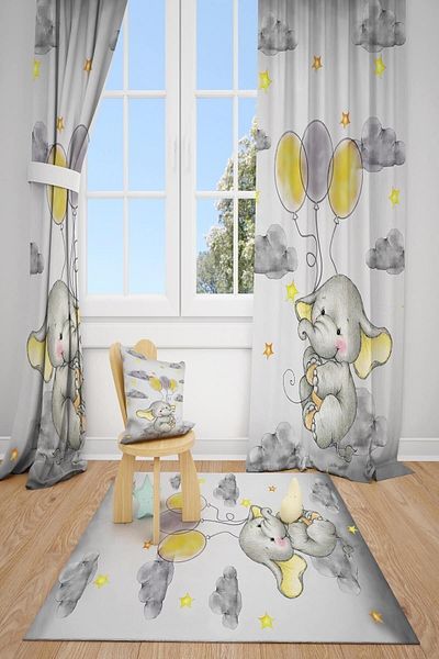 dekomingo YELLOW GRAY BALLOON RESIDENT ELEPHANT BABY AND KIDS ROOM PHONE CURTAIN 2 WINGS