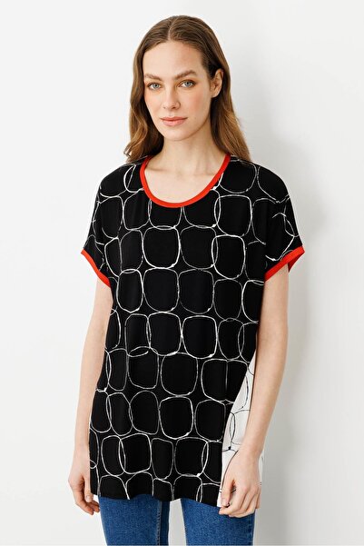 Desen Triko Women's Yellow Banded Combed Cotton T-Shirt with Collar and Sleeves Ecru/Black