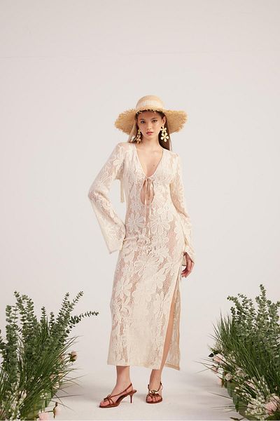 HOLLY LOLLY Floral Motif Long Zeya Knitwear Dress Beige