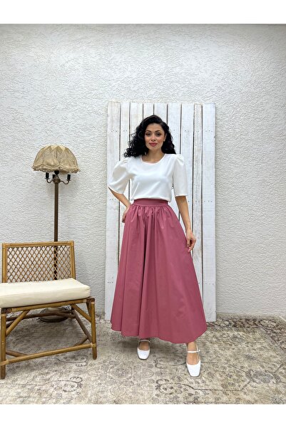 KÜÇÜĞÜM BUTİK Fusta evazată din popelin trandafir praf