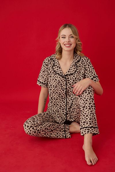Lavint Homewear Heart Patterned Cotton Lycra Buttoned Pajama Set