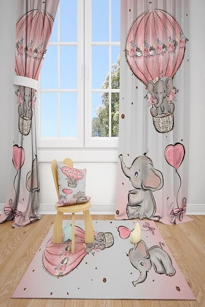dekomingo PINK GRAY YAVRU ELEPHANT BALLOON BABY AND KIDS ROOM PHONE CURTAIN 2 WINGS